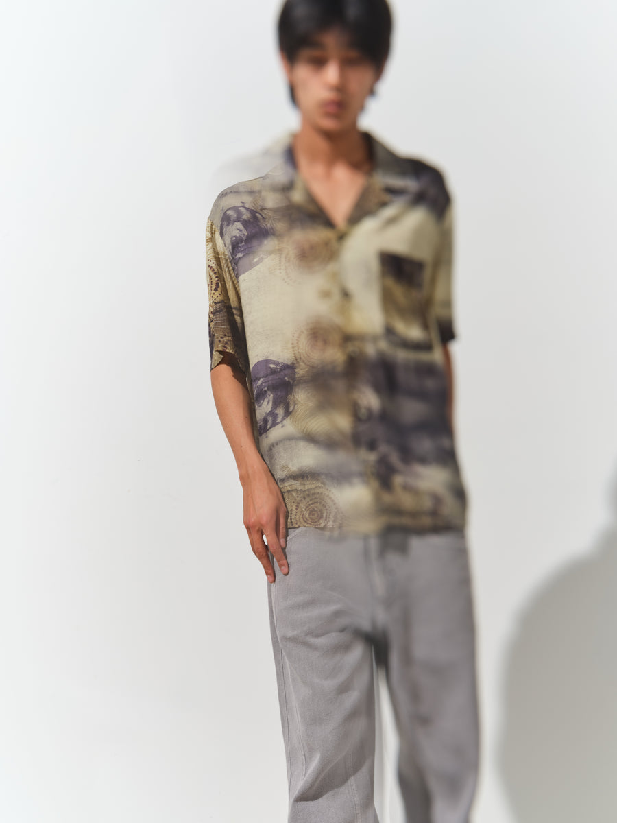 Short Sleeve Wave Shirt - Khaki Ink Print