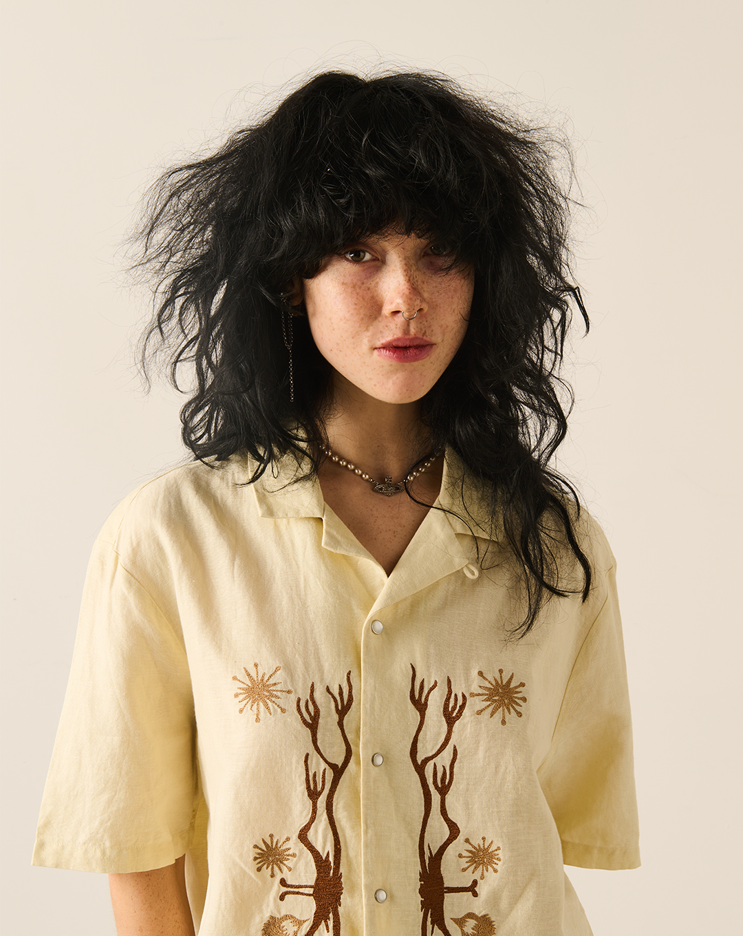 Short-Sleeve Wave Embroidered Shirt - Ecru