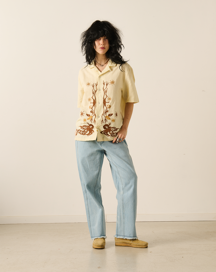 Short-Sleeve Wave Embroidered Shirt - Ecru