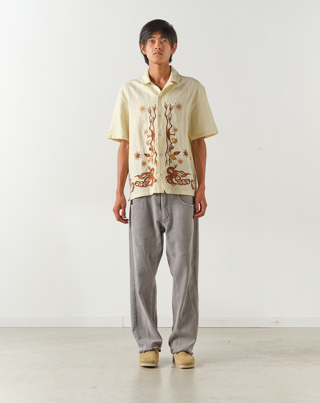 Short-Sleeve Wave Embroidered Shirt - Ecru